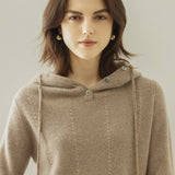 Womens Ribbed Cashmere Hoodie Buttoned Neckline Cashmere Hoody Taupe XS