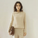 Womens Ribbed Cashmere Hoodie Buttoned Neckline Cashmere Hoody Beige XS