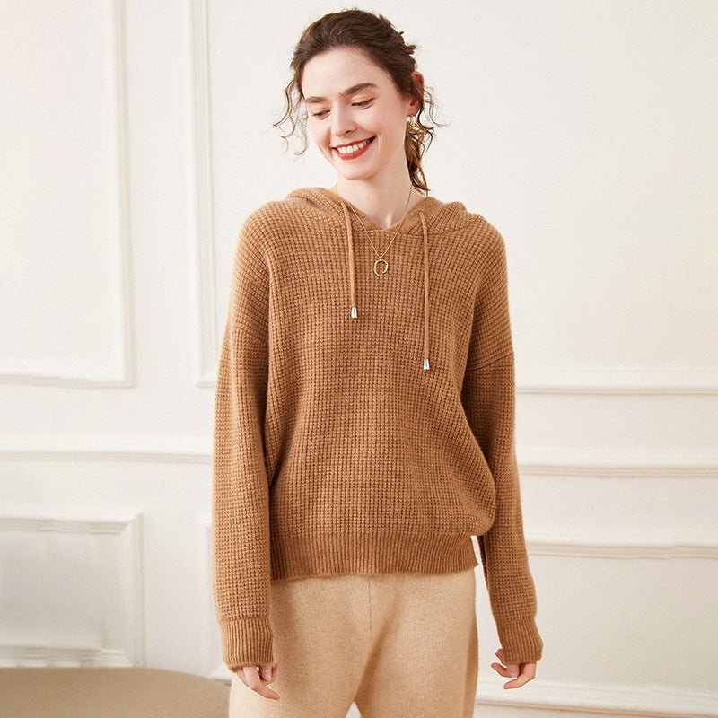 Womens Waffle Knit Cashmere Hoodie Long Sleeve Cashmere Sweater Hoody Camel XS