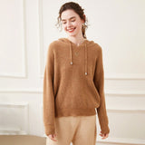 Womens Waffle Knit Cashmere Hoodie Long Sleeve Cashmere Sweater Hoody Camel XS
