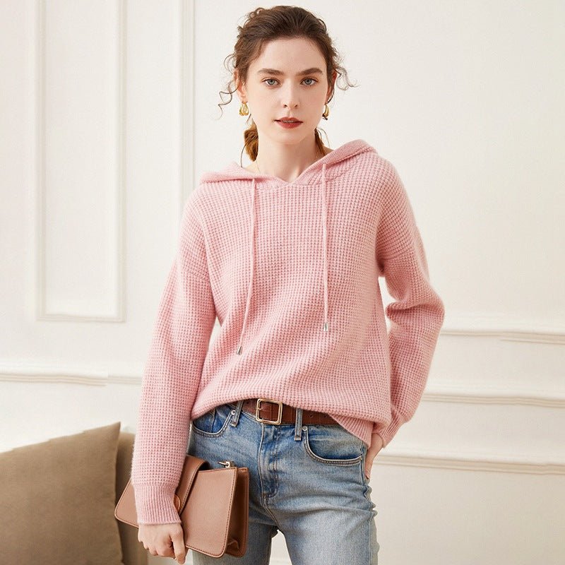 Womens Waffle Knit Cashmere Hoodie Long Sleeve Cashmere Sweater Hoody Pink XS