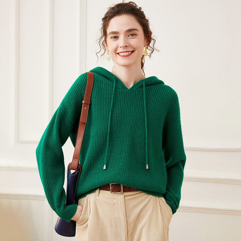 Womens Waffle Knit Cashmere Hoodie Long Sleeve Cashmere Sweater Hoody Green XS