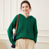 Womens Waffle Knit Cashmere Hoodie Long Sleeve Cashmere Sweater Hoody Green XS