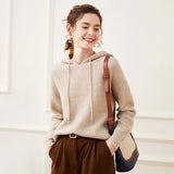 Womens Waffle Knit Cashmere Hoodie Long Sleeve Cashmere Sweater Hoody Apricot XS