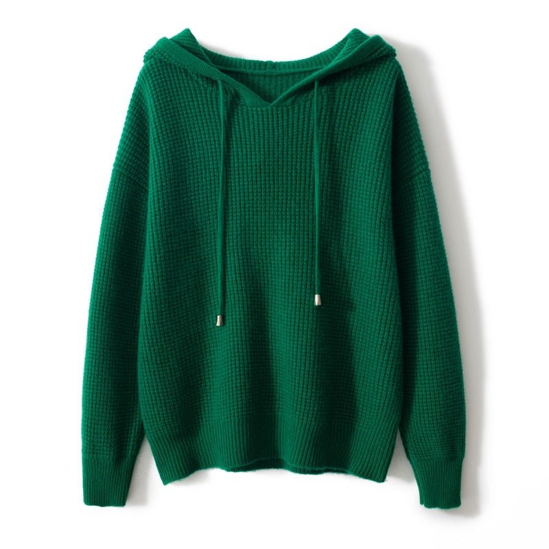 Womens Waffle Knit Cashmere Hoodie Long Sleeve Cashmere Sweater Hoody Green XS