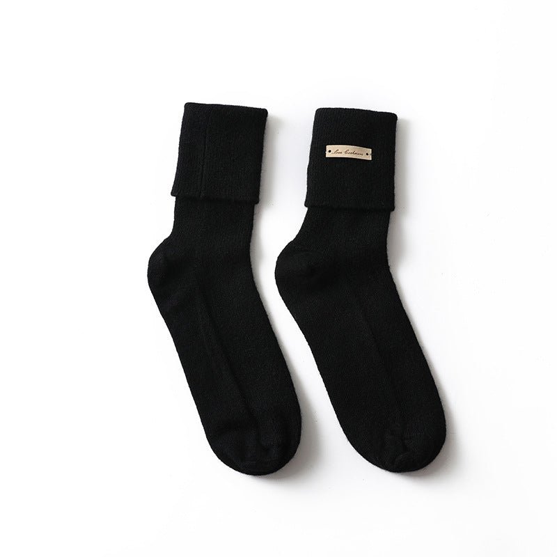 Cashmere Ribbed Crew Socks Warm Fluffy Mid - Calf Cashmere Socks Black M
