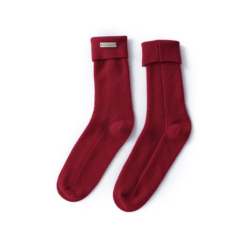 Cashmere Ribbed Crew Socks Warm Fluffy Mid - Calf Cashmere Socks Claret M
