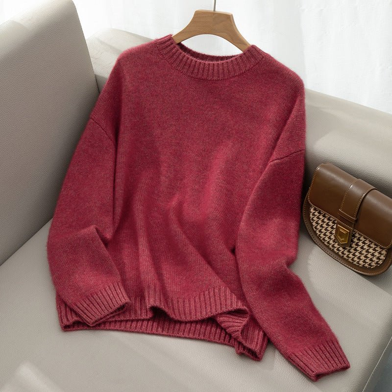 Soft Fuzzy Cashmere Sweater Crew Neck Cashmere Pullover Tops For Women Claret XS
