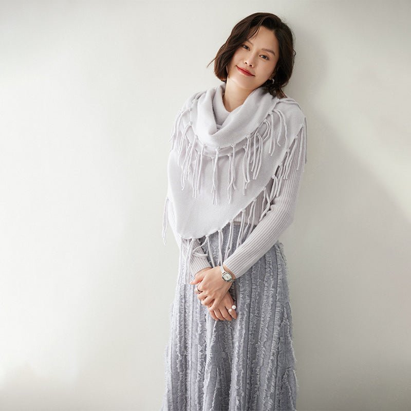 Womens Cashmere Wrap Cashmere Scarf With Tassels Cashmere Bandana Beige L