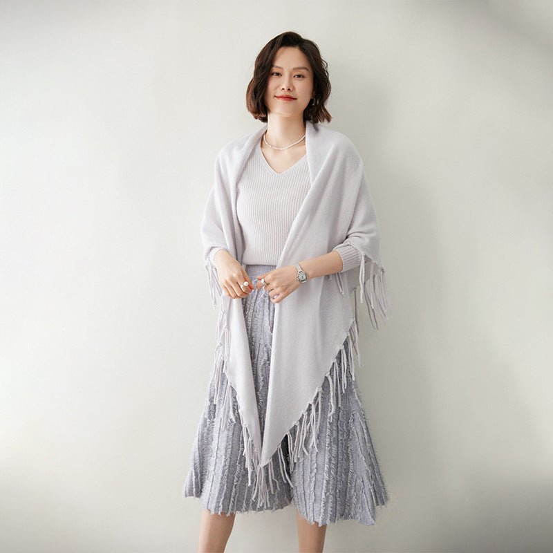 Womens Cashmere Wrap Cashmere Scarf With Tassels Cashmere Bandana Beige L