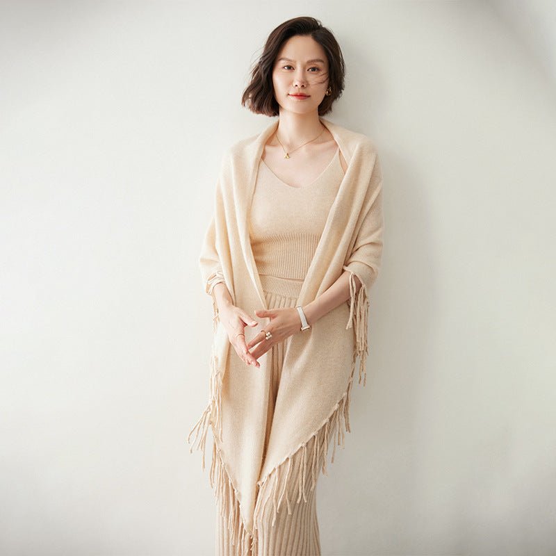 Womens Cashmere Wrap Cashmere Scarf With Tassels Cashmere Bandana Beige L