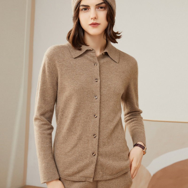 Womens Classic Button - Up Lapel Neck Cashmere Cardigan Ribbed Cuffs Beige XS
