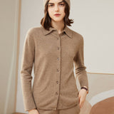 Womens Classic Button - Up Lapel Neck Cashmere Cardigan Ribbed Cuffs Beige XS
