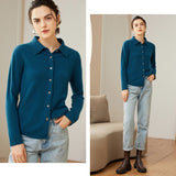 Womens Classic Button - Up Lapel Neck Cashmere Cardigan Ribbed Cuffs Ocean Blue XS