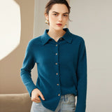 Womens Classic Button - Up Lapel Neck Cashmere Cardigan Ribbed Cuffs Ocean Blue XS