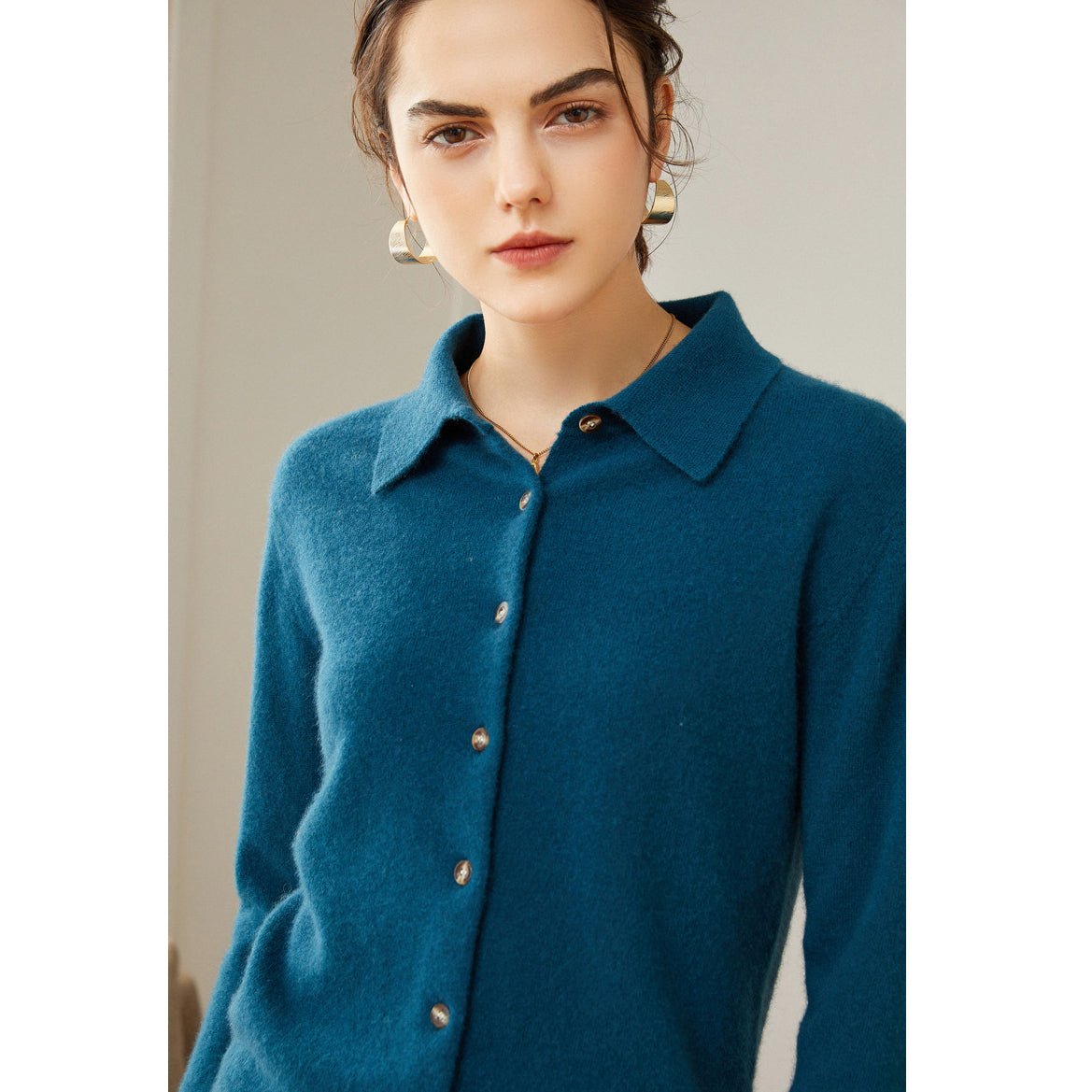 Womens Classic Button - Up Lapel Neck Cashmere Cardigan Ribbed Cuffs Ocean Blue XS