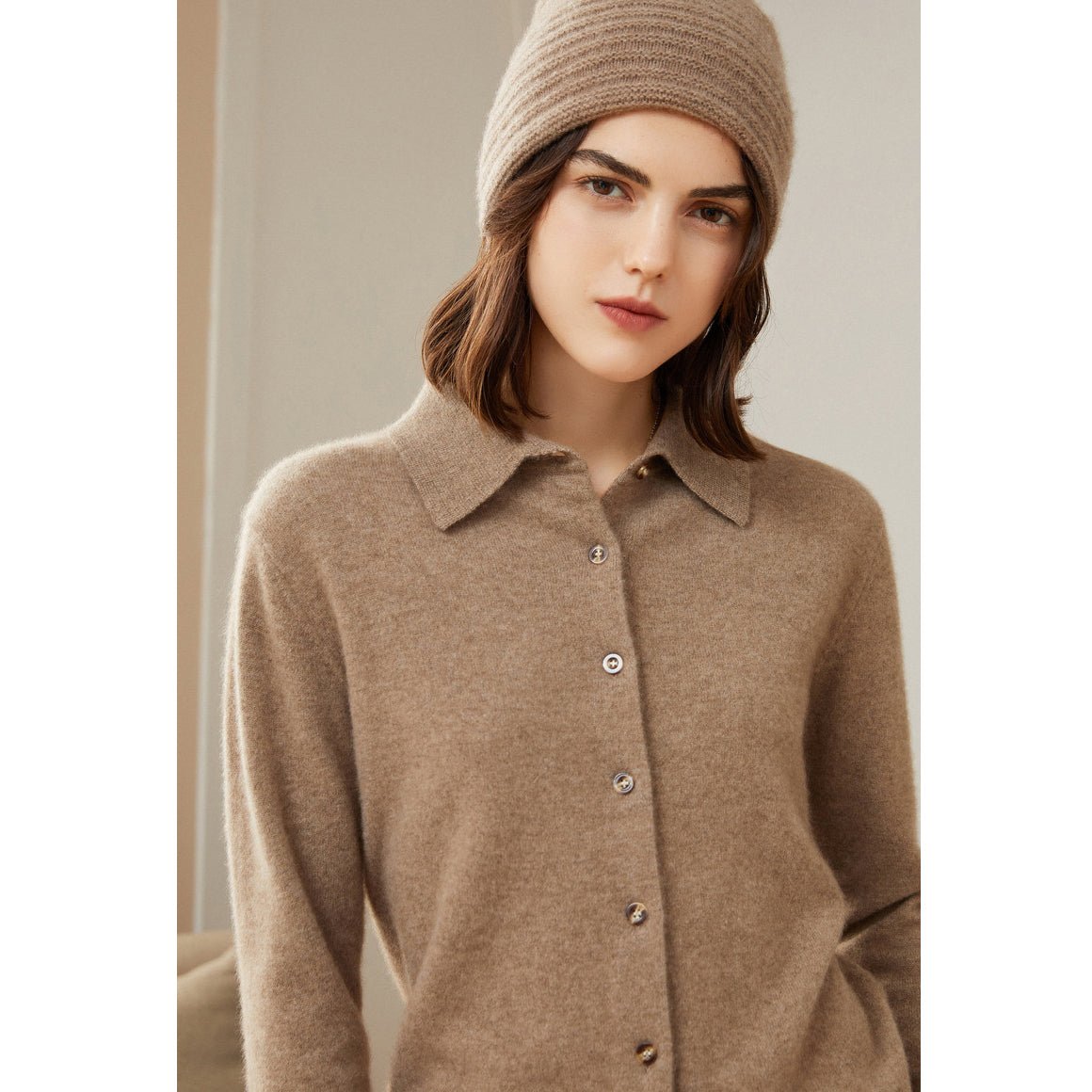 Womens Classic Button - Up Lapel Neck Cashmere Cardigan Ribbed Cuffs Taupe XS