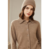 Womens Classic Button - Up Lapel Neck Cashmere Cardigan Ribbed Cuffs Taupe XS