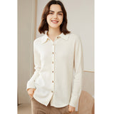Womens Classic Button - Up Lapel Neck Cashmere Cardigan Ribbed Cuffs Ivory XS