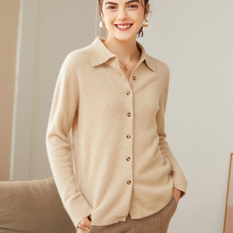 Womens Classic Button - Up Lapel Neck Cashmere Cardigan Ribbed Cuffs Beige XS