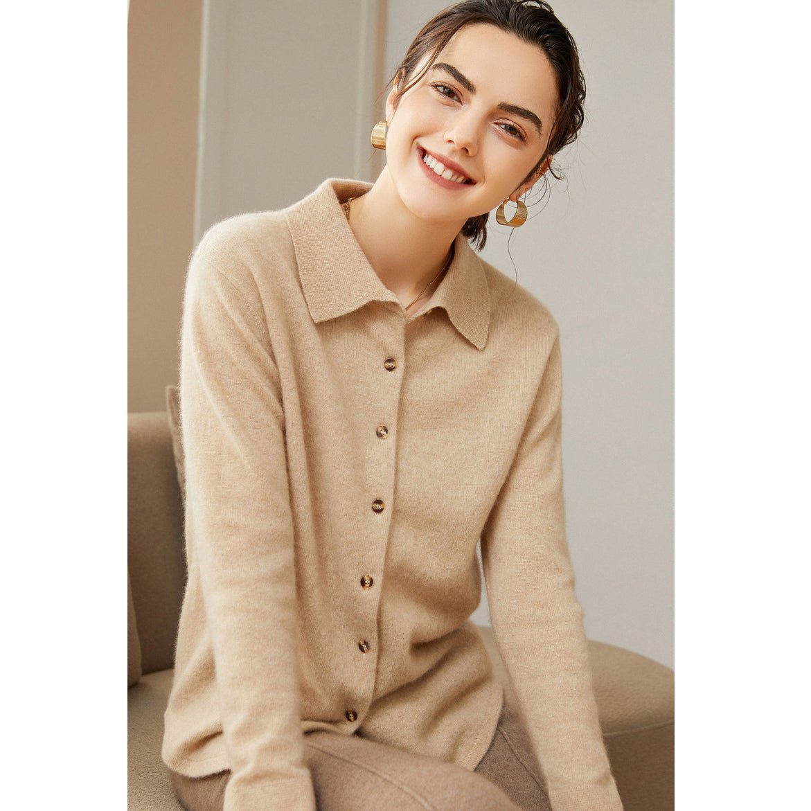 Womens Classic Button - Up Lapel Neck Cashmere Cardigan Ribbed Cuffs Beige XS