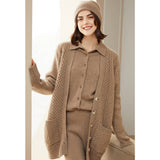 Womens Classic Button - Up Lapel Neck Cashmere Cardigan Ribbed Cuffs Beige XS