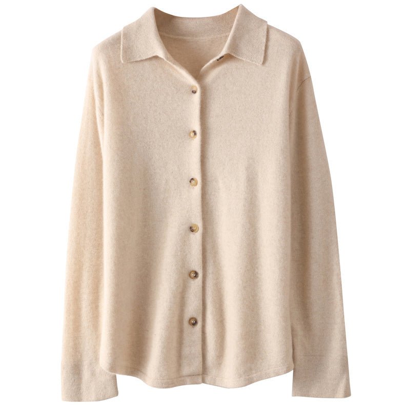Womens Classic Button - Up Lapel Neck Cashmere Cardigan Ribbed Cuffs Beige XS