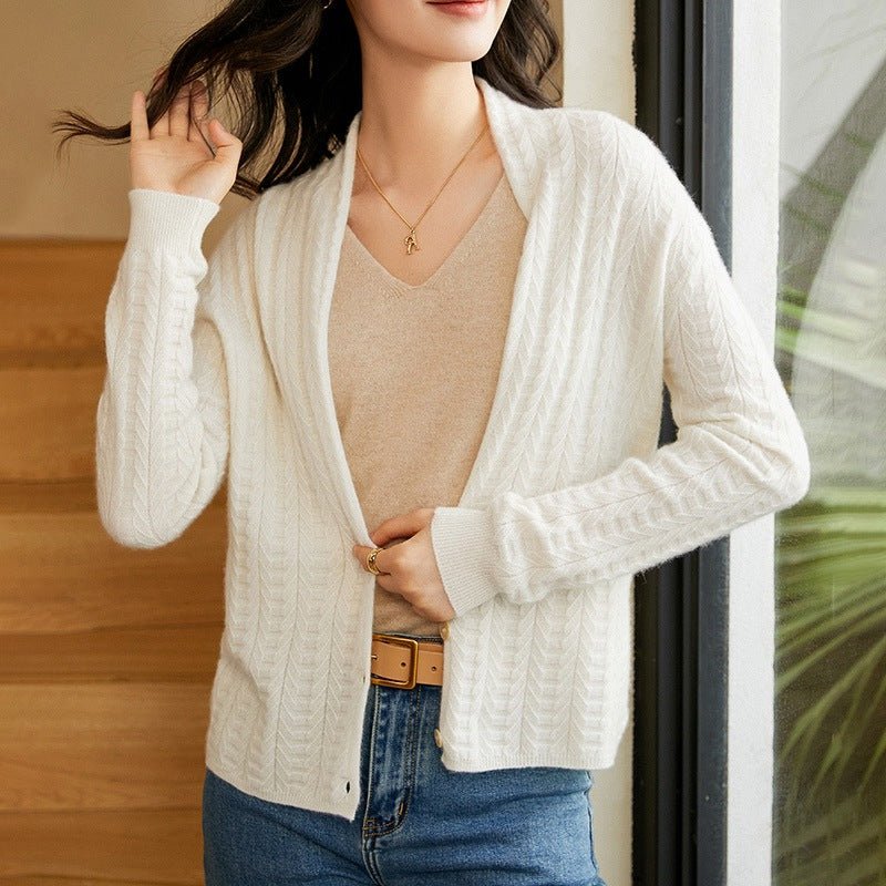 Womens V - Neck Cable Knit Cashmere Cardigan With Button Closure White XS