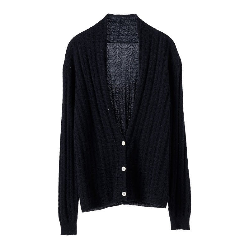 Womens V - Neck Cable Knit Cashmere Cardigan With Button Closure Black XS