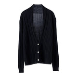 Womens V - Neck Cable Knit Cashmere Cardigan With Button Closure Black XS