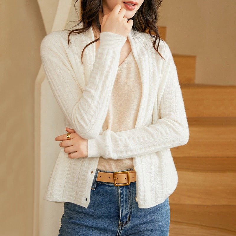 Womens V - Neck Cable Knit Cashmere Cardigan With Button Closure White XS