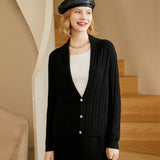 Womens V - Neck Cable Knit Cashmere Cardigan With Button Closure Black XS