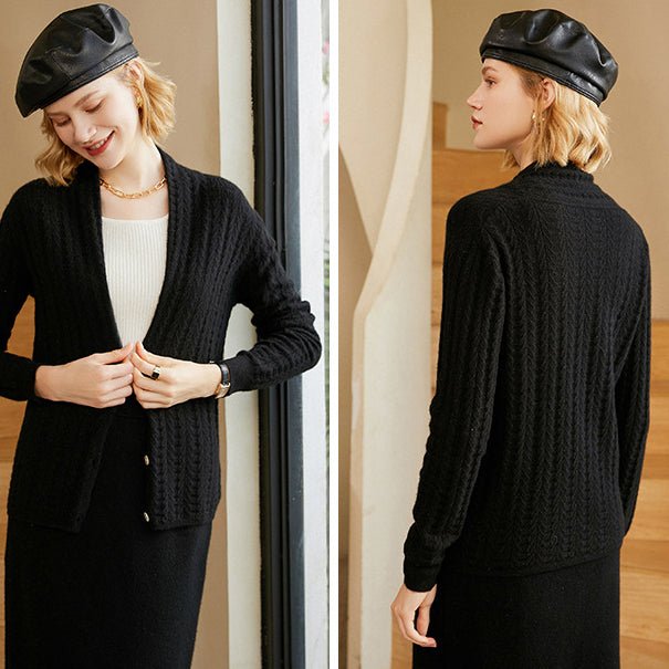 Womens V - Neck Cable Knit Cashmere Cardigan With Button Closure Black XS