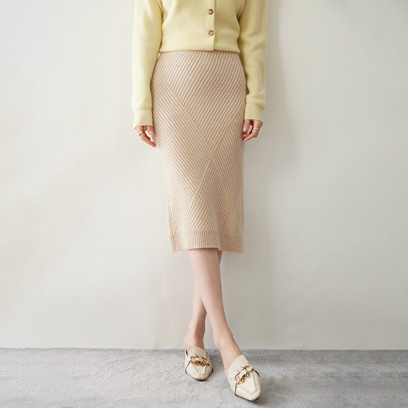 Lady Cashmere Knit Midi Skirt High Waist Textured Ribbed Sheath Dress Beige XS