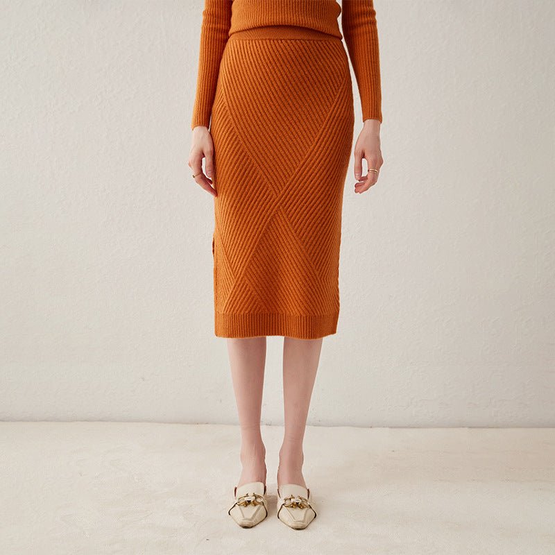 Lady Cashmere Knit Midi Skirt High Waist Textured Ribbed Sheath Dress Orange XS