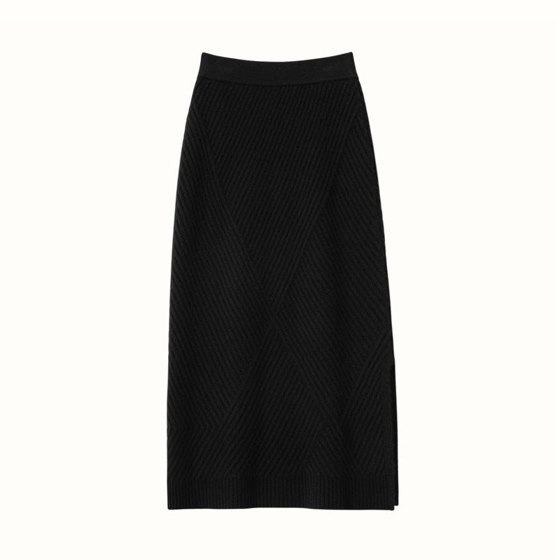 Lady Cashmere Knit Midi Skirt High Waist Textured Ribbed Sheath Dress Black XS
