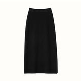Lady Cashmere Knit Midi Skirt High Waist Textured Ribbed Sheath Dress Black XS