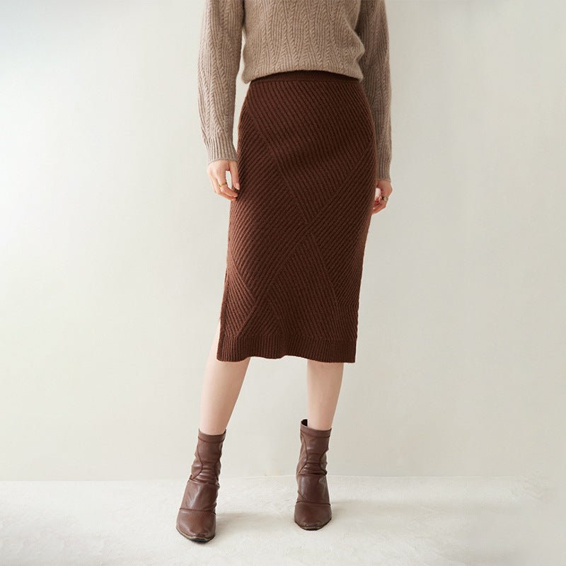 Lady Cashmere Knit Midi Skirt High Waist Textured Ribbed Sheath Dress Coffee XS