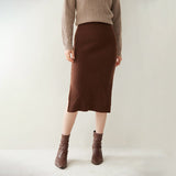 Lady Cashmere Knit Midi Skirt High Waist Textured Ribbed Sheath Dress Coffee XS