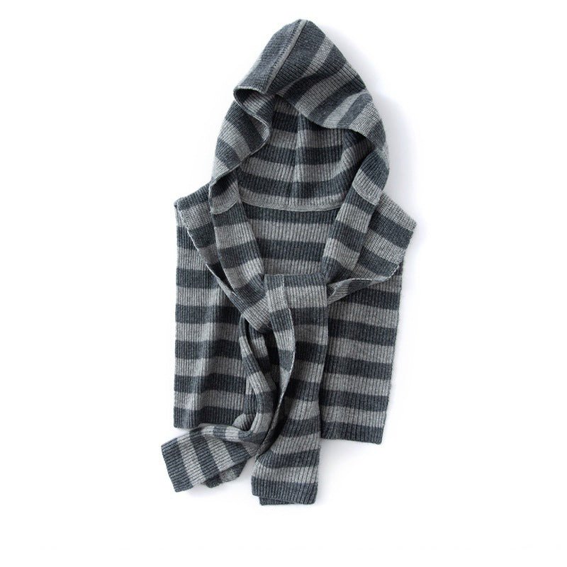 Womens Striped Cashmere Hooded Scarf Cashmere Knit Wrap with Hoodie Grey M