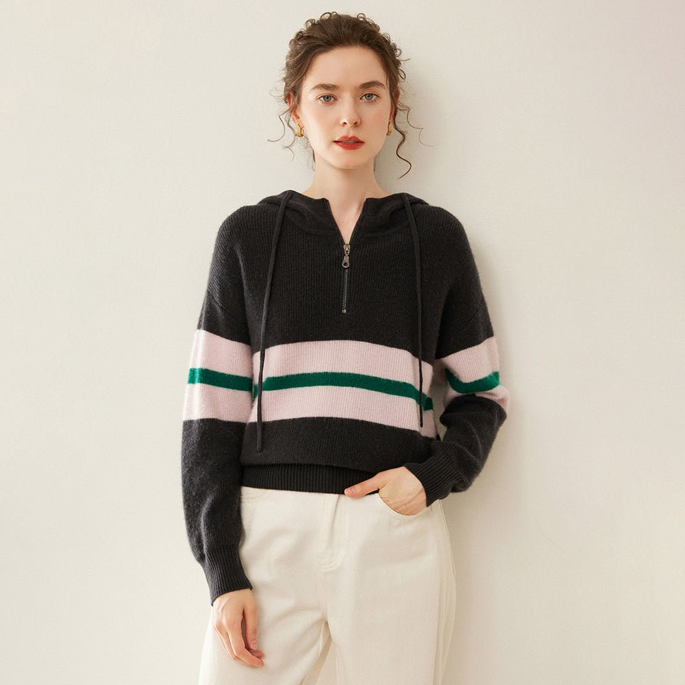 Womens Striped Cashmere Hoodie Half-Zip Cashmere Sweater Gray XS