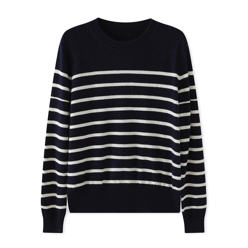 Womens Striped Cashmere Sweater Crew Neck Cashmere Jumper Pullover Navy Blue XS