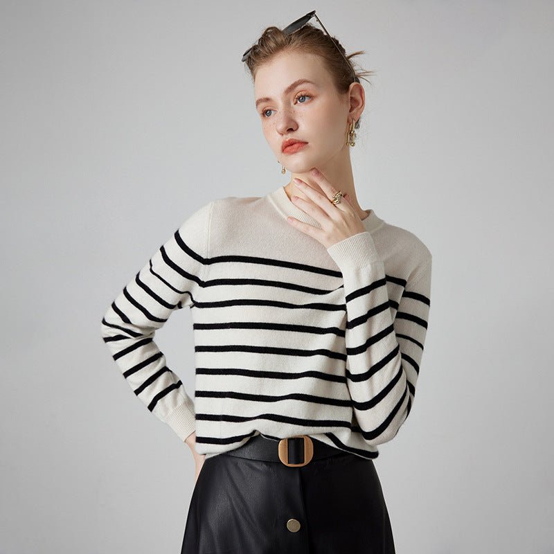 Womens Striped Cashmere Sweater Crew Neck Cashmere Jumper Pullover Ivory XS
