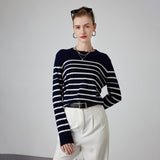 Womens Striped Cashmere Sweater Crew Neck Cashmere Jumper Pullover Navy Blue XS