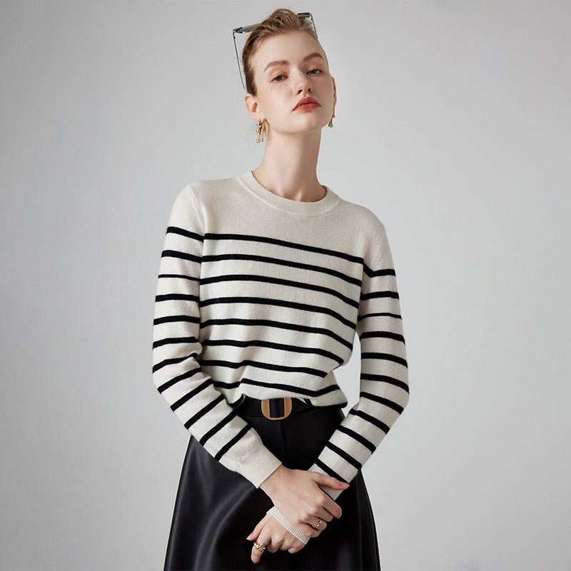 Womens Striped Cashmere Sweater Crew Neck Cashmere Jumper Pullover Ivory XS