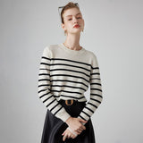 Womens Striped Cashmere Sweater Crew Neck Cashmere Jumper Pullover Ivory XS
