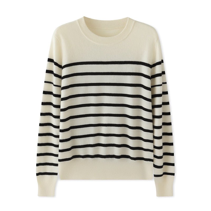 Womens Striped Cashmere Sweater Crew Neck Cashmere Jumper Pullover Ivory XS