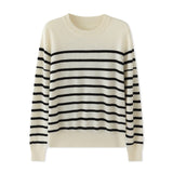 Womens Striped Cashmere Sweater Crew Neck Cashmere Jumper Pullover Ivory XS