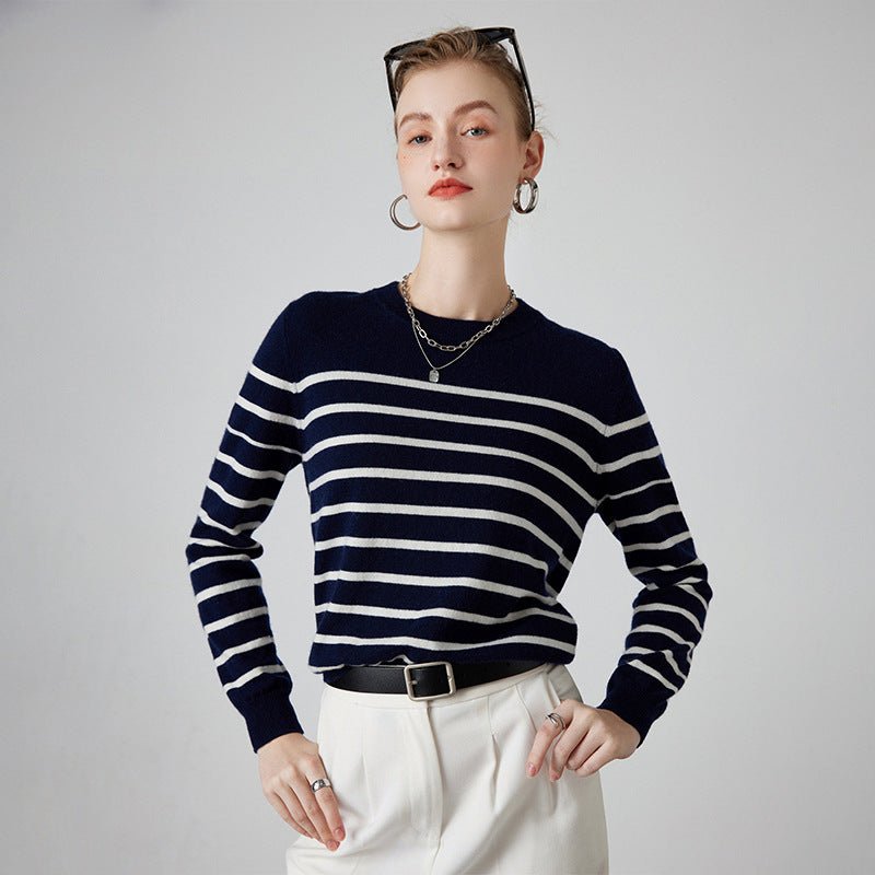 Womens Striped Cashmere Sweater Crew Neck Cashmere Jumper Pullover Navy Blue XS