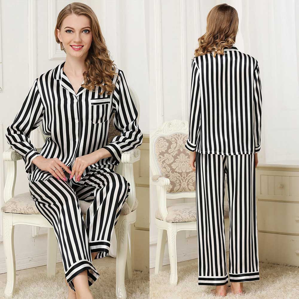 Womens Striped Long Sleeve Silk Pajamas Set Black XS